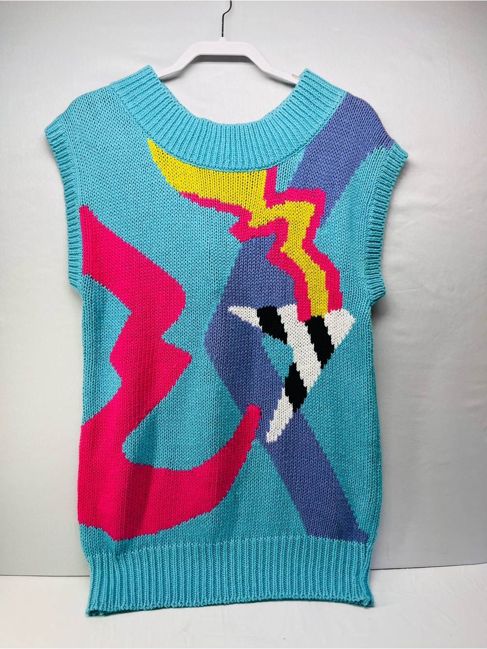 Vintage 1980’s Bright Aqua Abstract Knit Sweater Vest - Aqua, Pink & Yellow